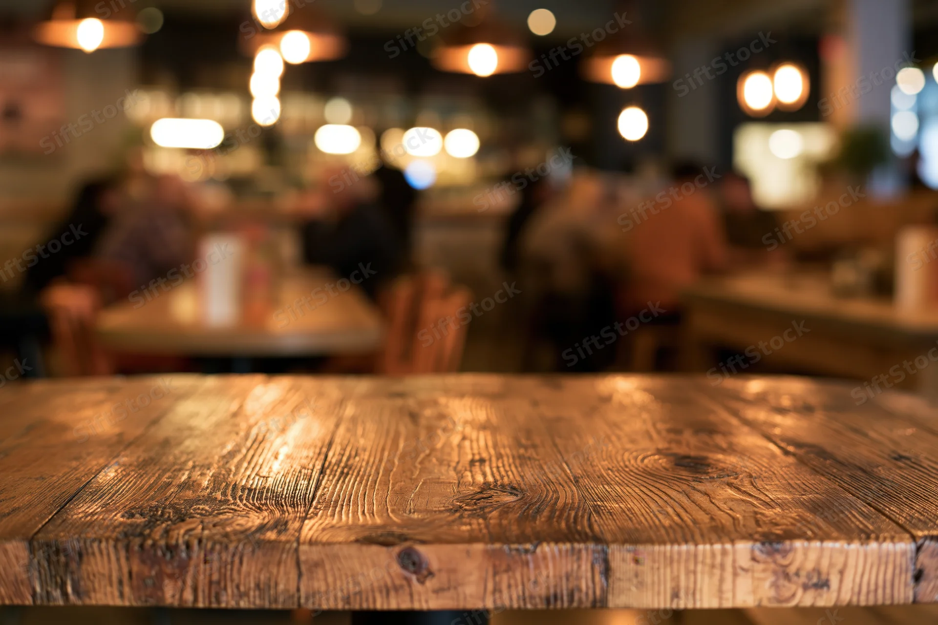 Rustic wooden table surface in sharp focus with blurred restaurant interior behind