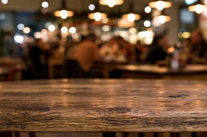 Rustic wooden table surface in sharp focus with blurred restaurant interior and patrons in background