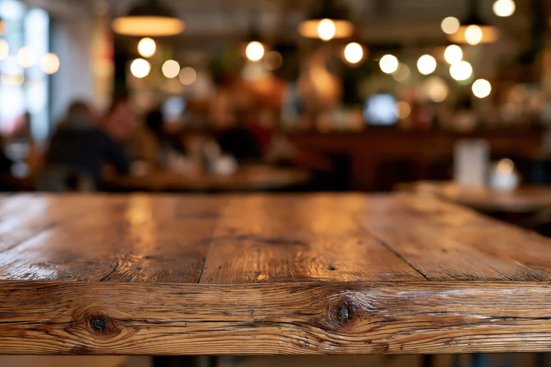 Rustic wooden table surface in sharp focus with blurred restaurant interior in background