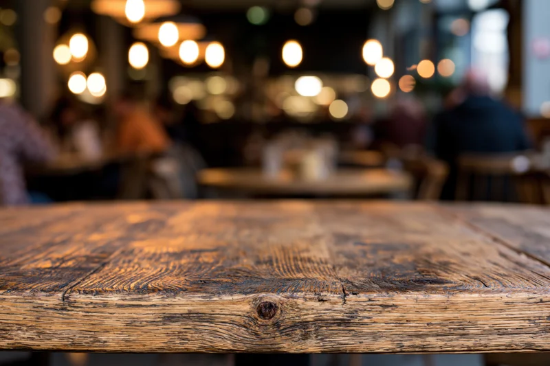 Rustic wooden table surface in sharp focus with blurred restaurant interior in background