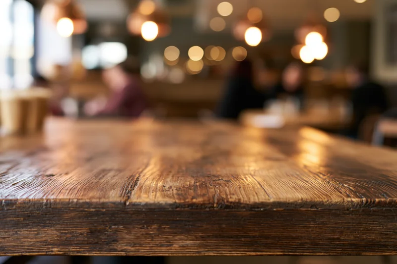 Rustic wooden table surface in sharp focus with blurred restaurant interior in background