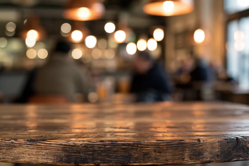 Rustic wooden table surface in sharp focus with blurred restaurant background and warm lighting