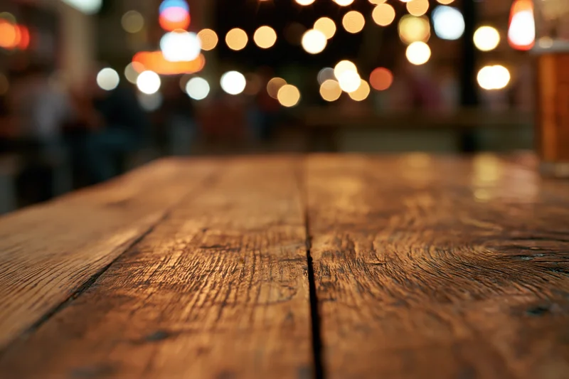 Empty rustic wooden table surface in a dimly lit bar with blurred lights in the background