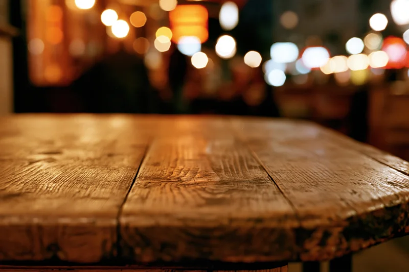 Rustic wooden table surface in foreground with blurred warm lights in background