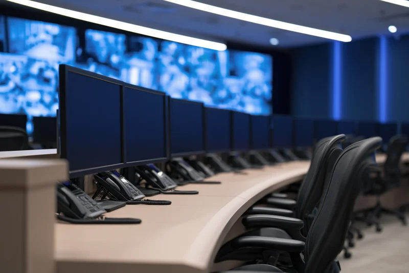 Curved row of desktop monitors and telephones in an empty security control room
