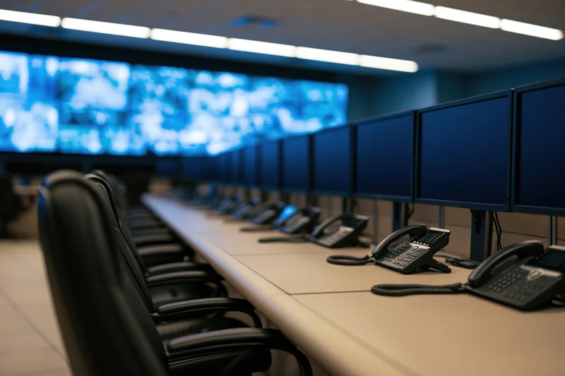 Rows of desktop monitors and telephones along a long desk in a security control room