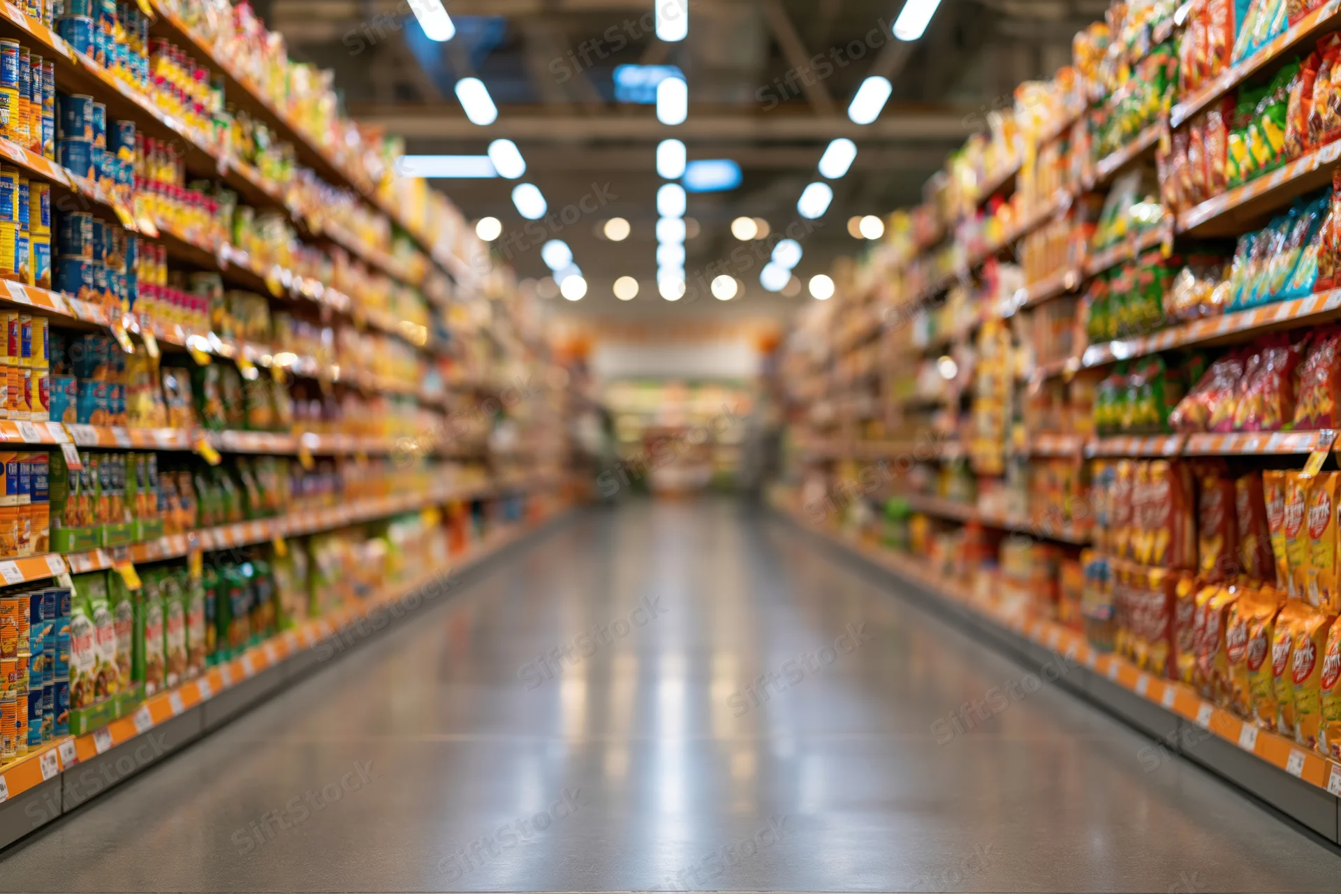 Empty supermarket aisle viewed from low angle with shelves of packaged goods on both sides