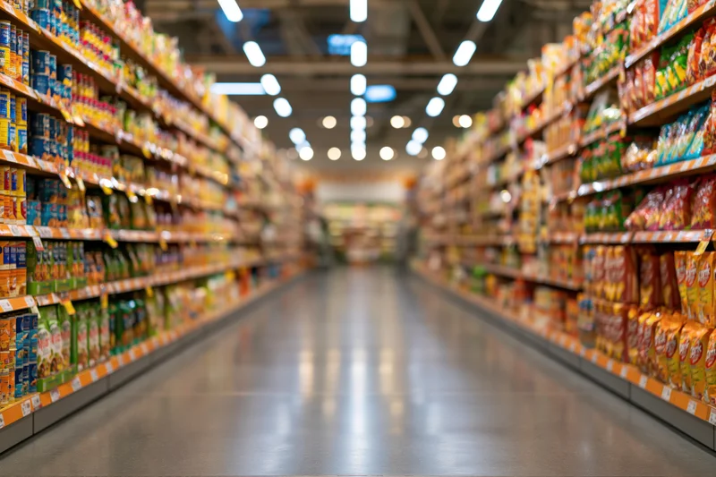Empty supermarket aisle viewed from low angle with shelves of packaged goods on both sides