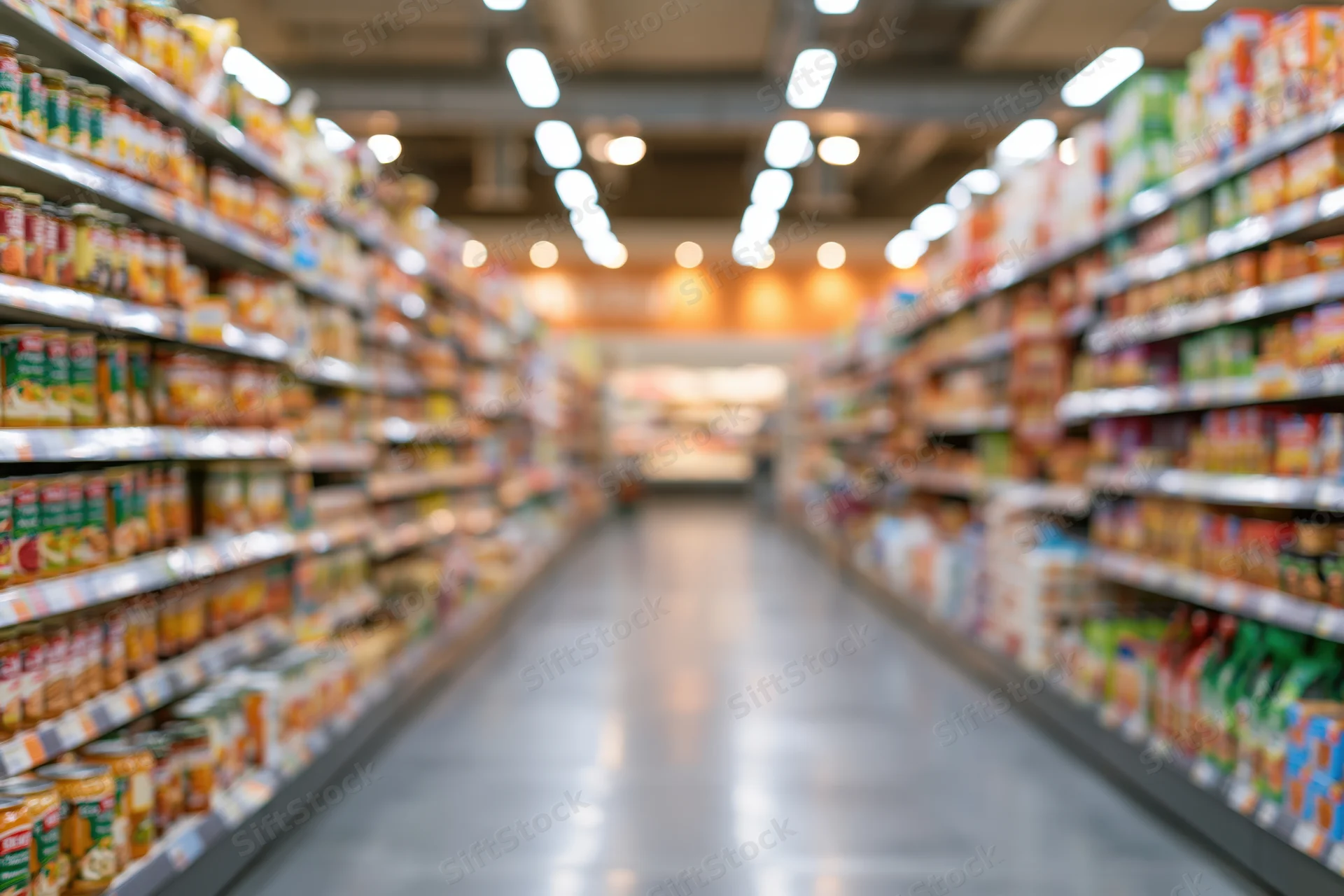 Empty supermarket aisle viewed from low angle with blurred shelves and fluorescent lighting