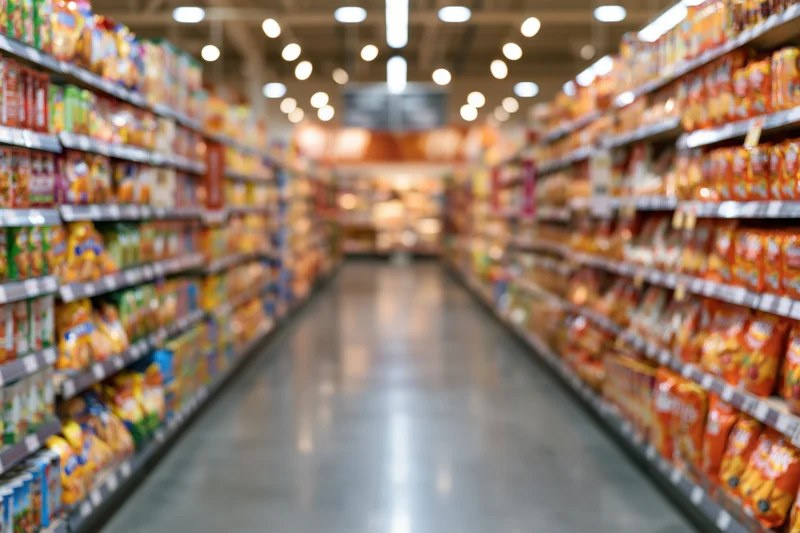 Empty supermarket aisle viewed from low angle with blurred shelves and products on both sides