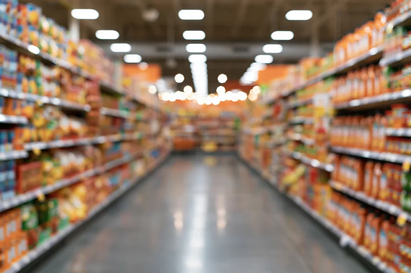 Empty supermarket aisle viewed from low angle with blurred shelves and fluorescent lighting overhead