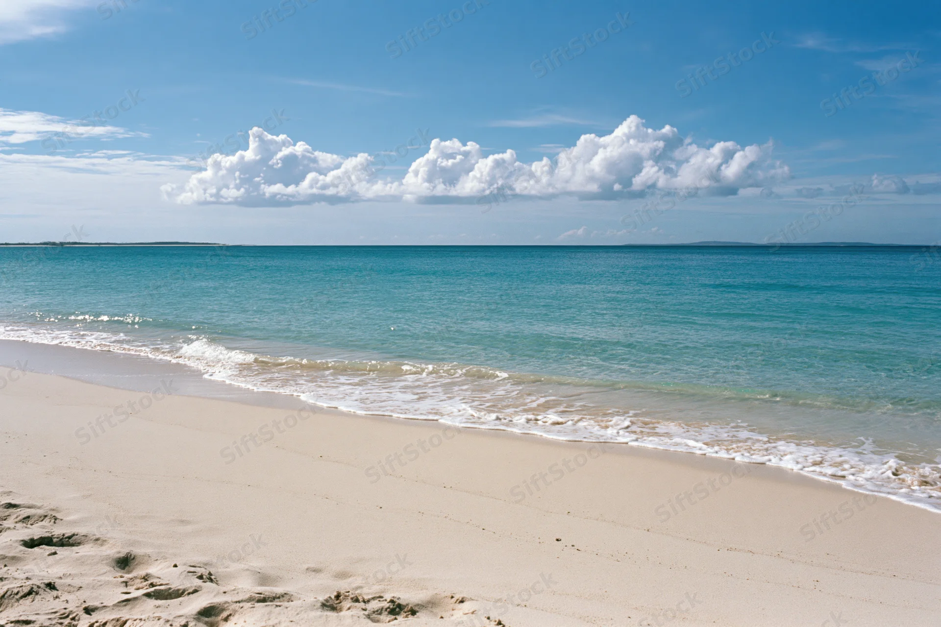 Gentle waves washing onto white sand at tropical beach under blue sky with clouds