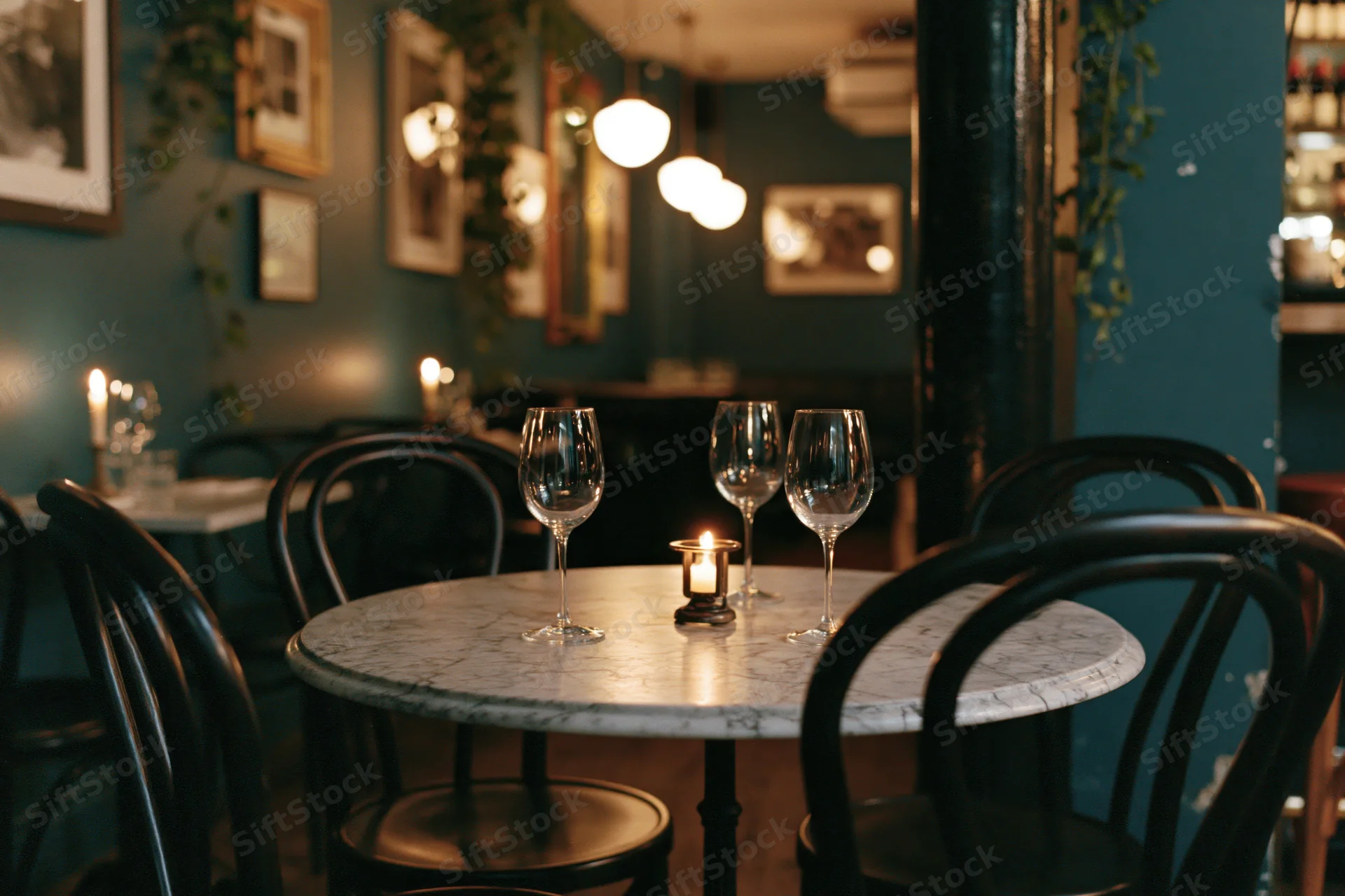 Round marble-top table set with wine glasses and candle in empty upscale bistro interior