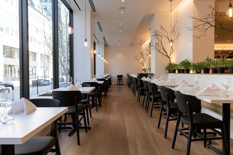 Empty upscale restaurant dining room with tables set for service along wooden floor near large windows