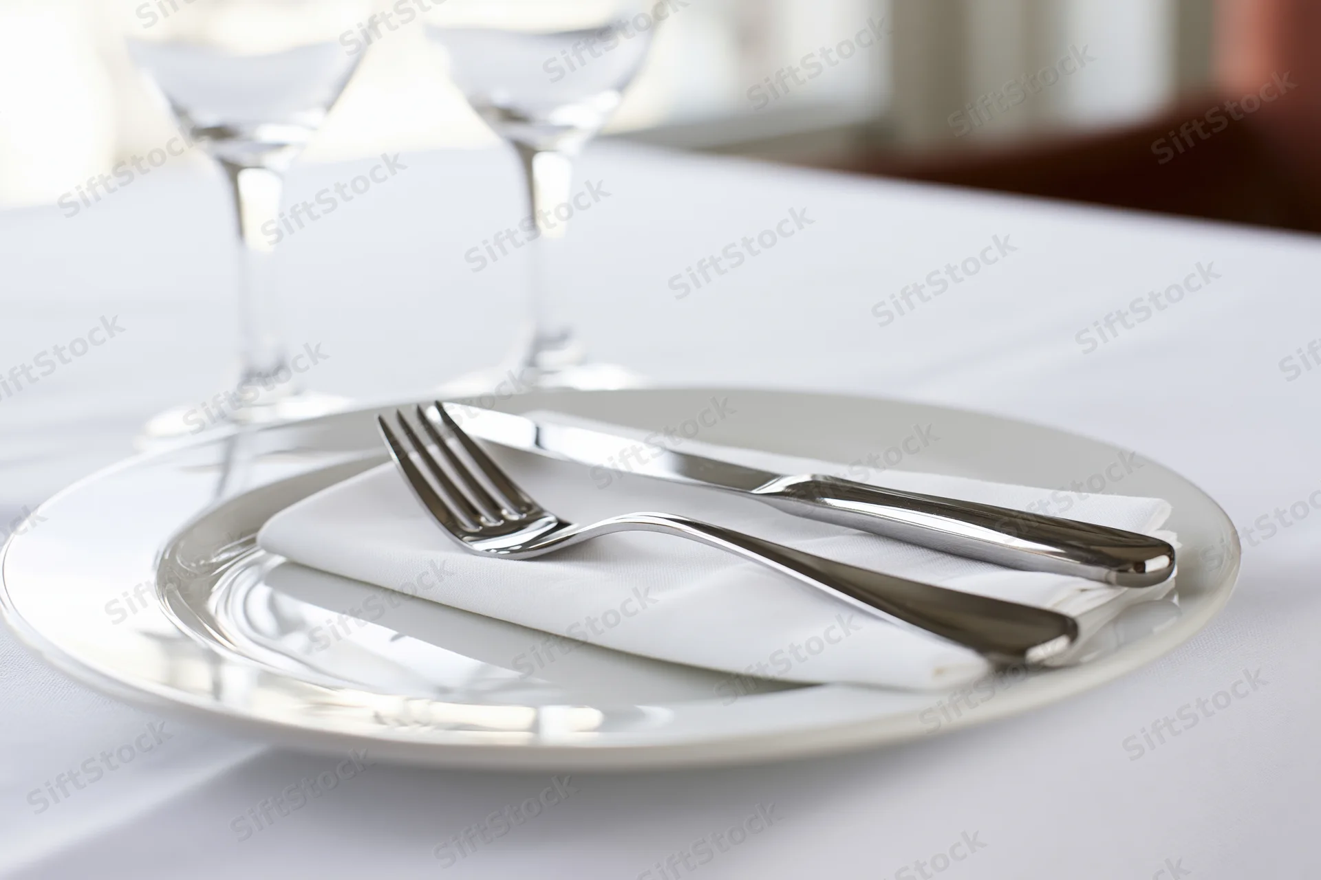 White dinner plate with folded napkin and silverware on a tablecloth, set for dining