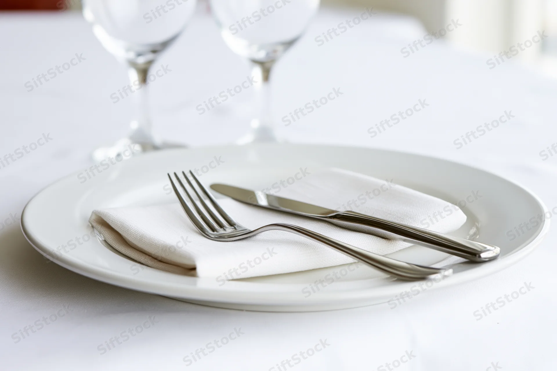 White dinner plate with folded linen napkin and silverware on a tablecloth, two wine glasses in background