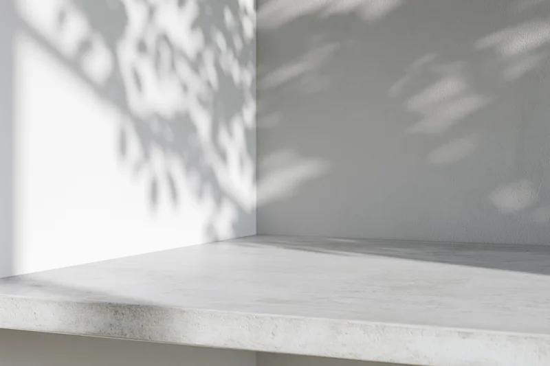 White concrete shelf in a corner with dappled leaf shadows on the wall