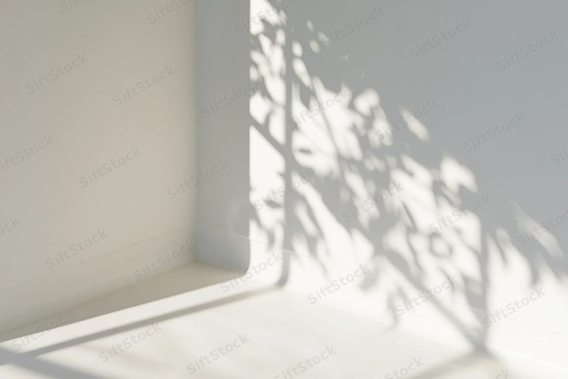 Dappled sunlight casts leaf shadows on a white interior corner where wall meets floor