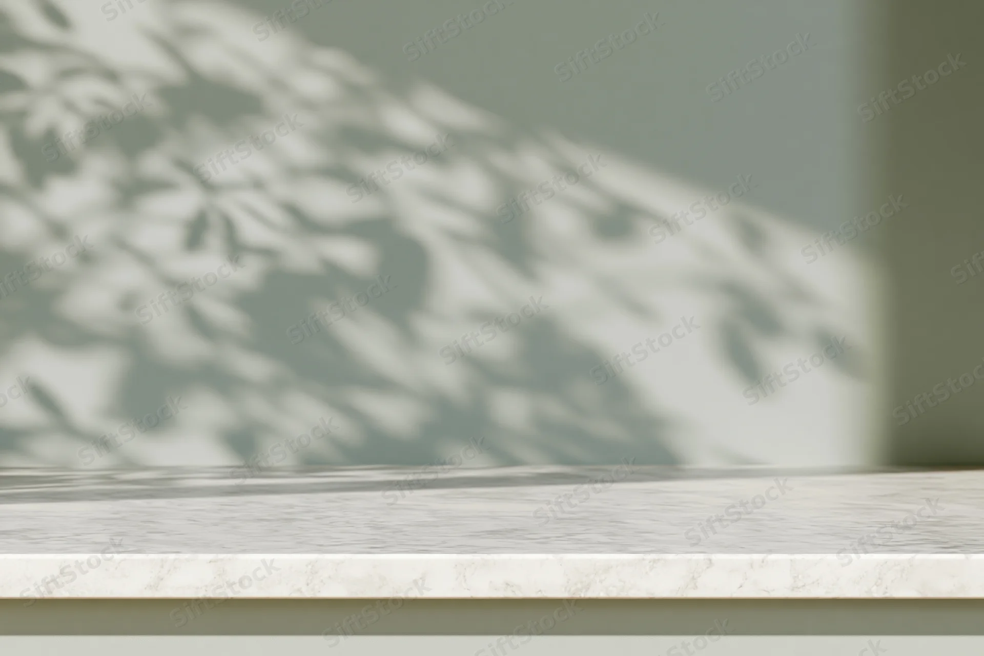 White marble tabletop with dappled leaf shadows from a window in a modern interior