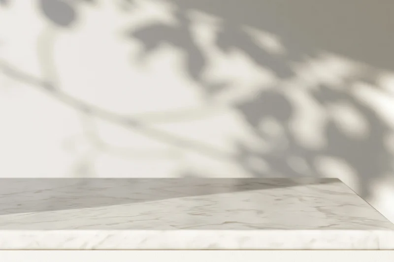 White marble tabletop with dappled leaf shadows in a bright interior