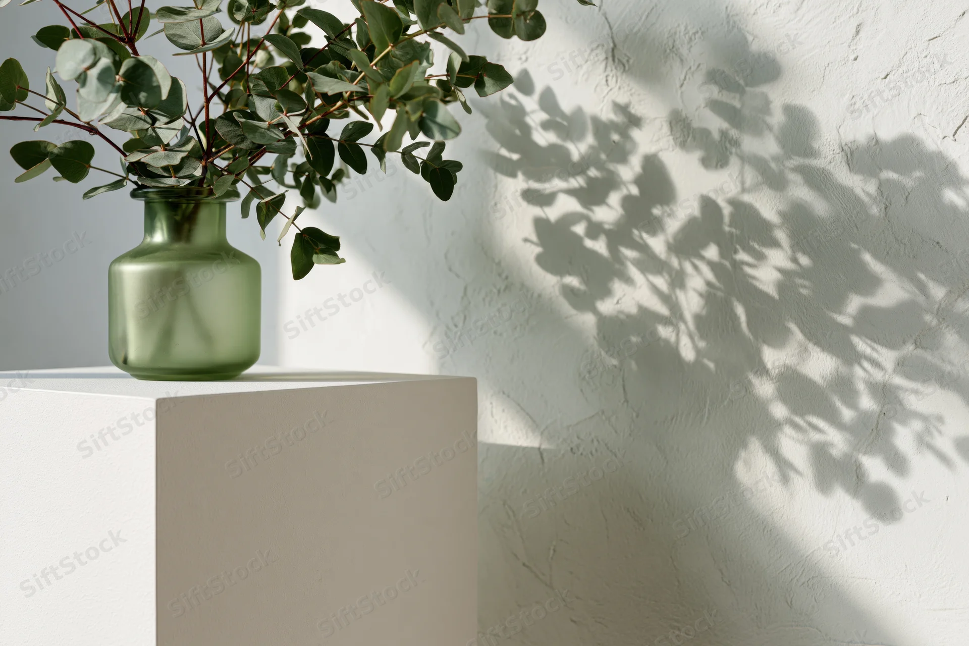 Eucalyptus branches in a green glass vase on a white pedestal beside a textured wall with leaf shadows
