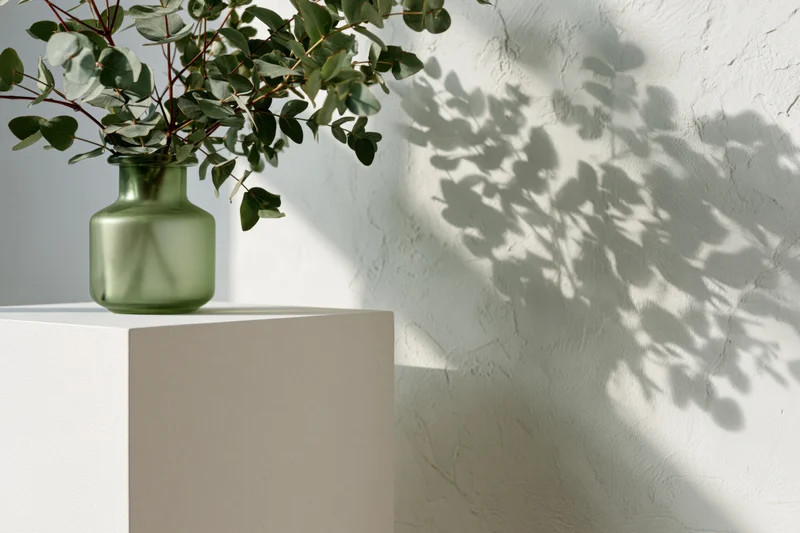Eucalyptus branches in a green glass vase on a white pedestal beside a textured wall with leaf shadows