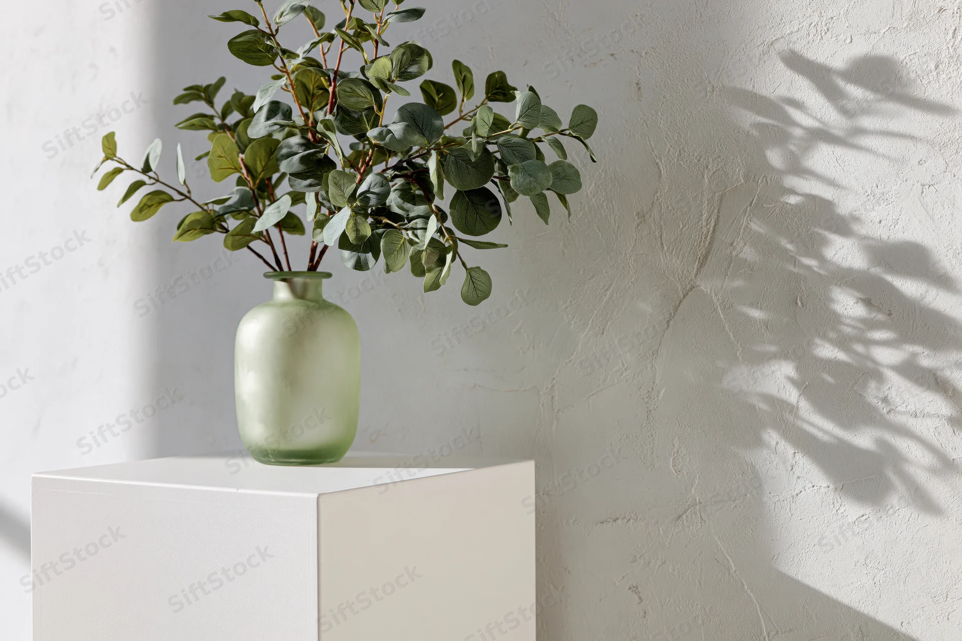 Green glass vase with eucalyptus branches on white pedestal beside textured wall