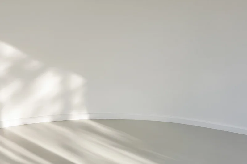 Curved white wall meeting smooth floor in empty studio corner with sunlight shadows