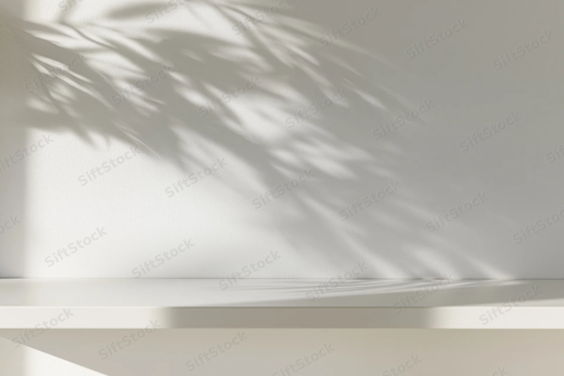 Empty white shelf against a plain wall with leaf shadows