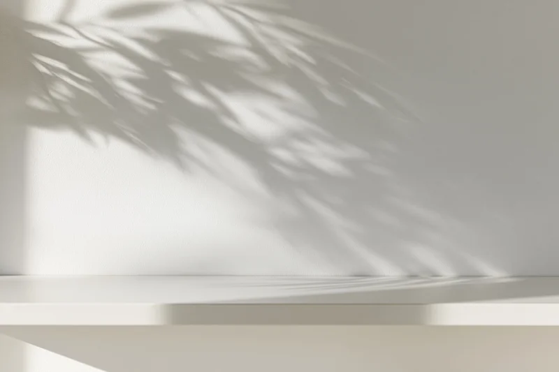 Empty white shelf against a plain wall with leaf shadows