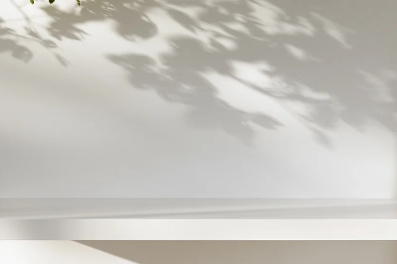Empty white studio shelf against a plain white wall with soft leaf shadows