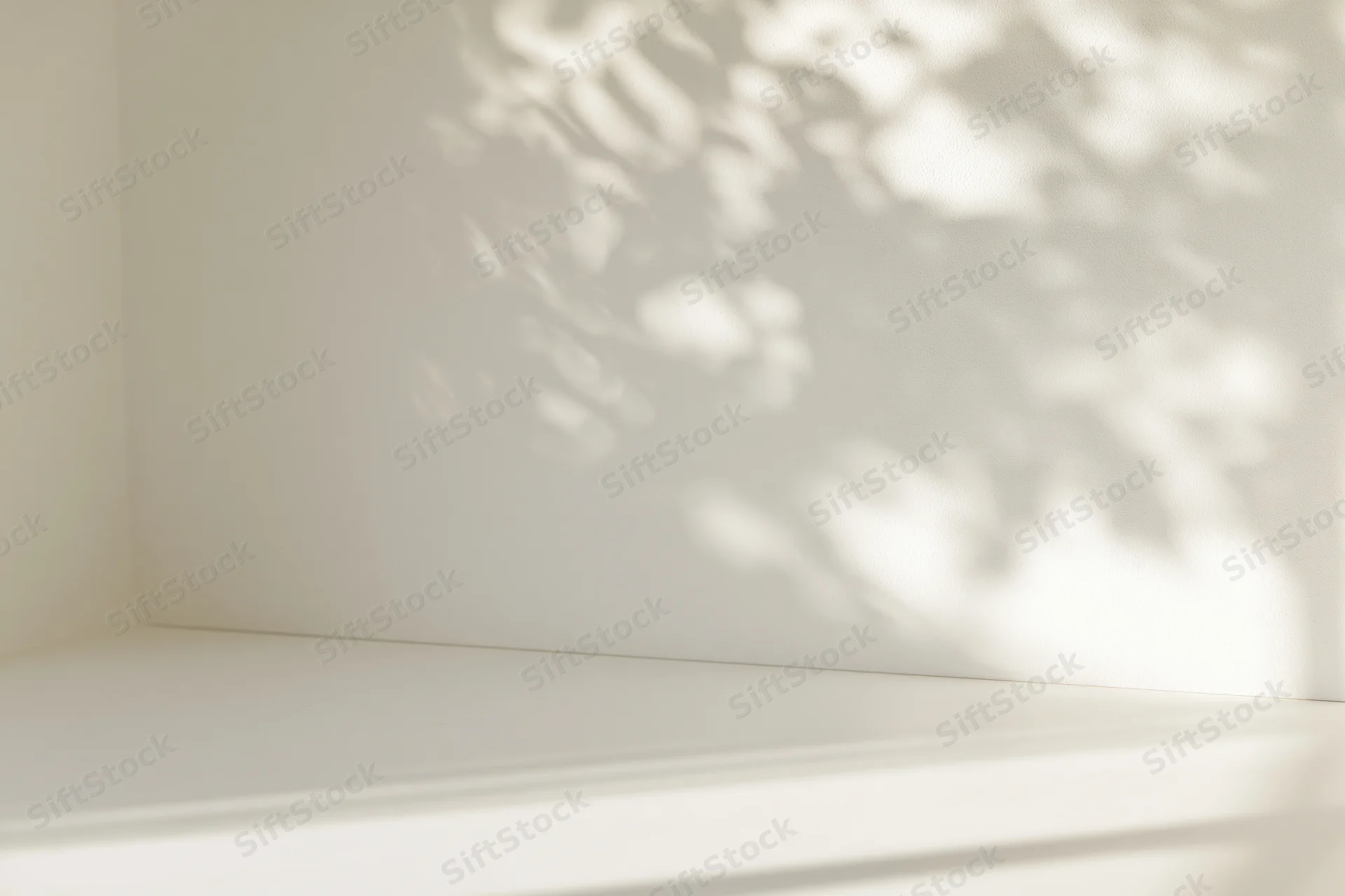 White studio surface meeting a wall with soft dappled light and shadow patterns
