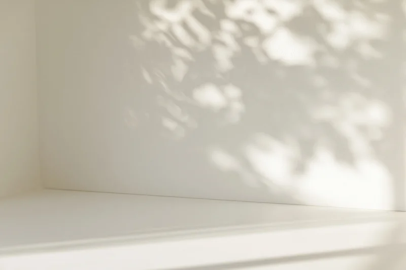 White studio surface meeting a wall with soft dappled light and shadow patterns
