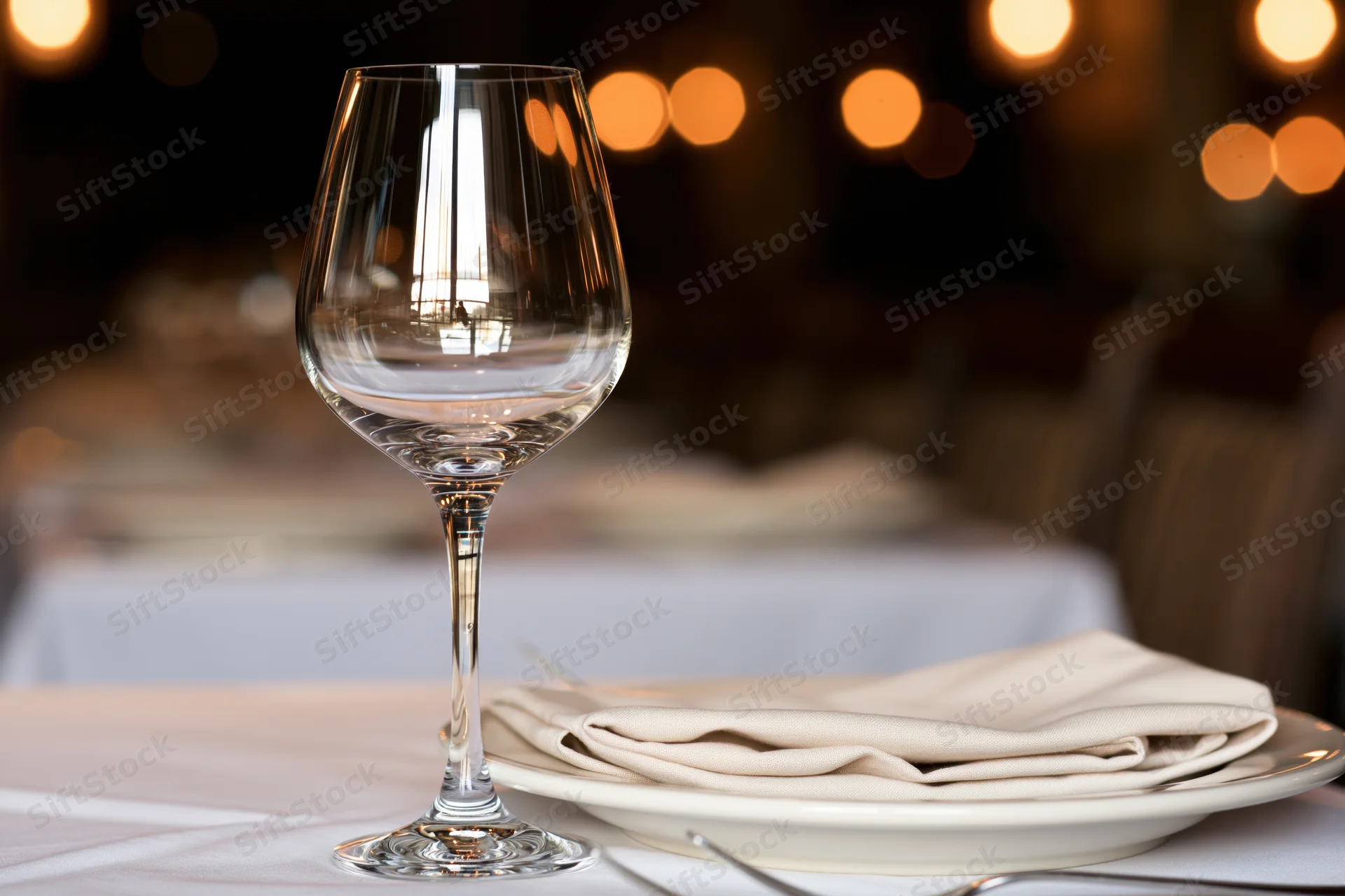 Empty wine glass beside white plate with folded linen napkin on restaurant table