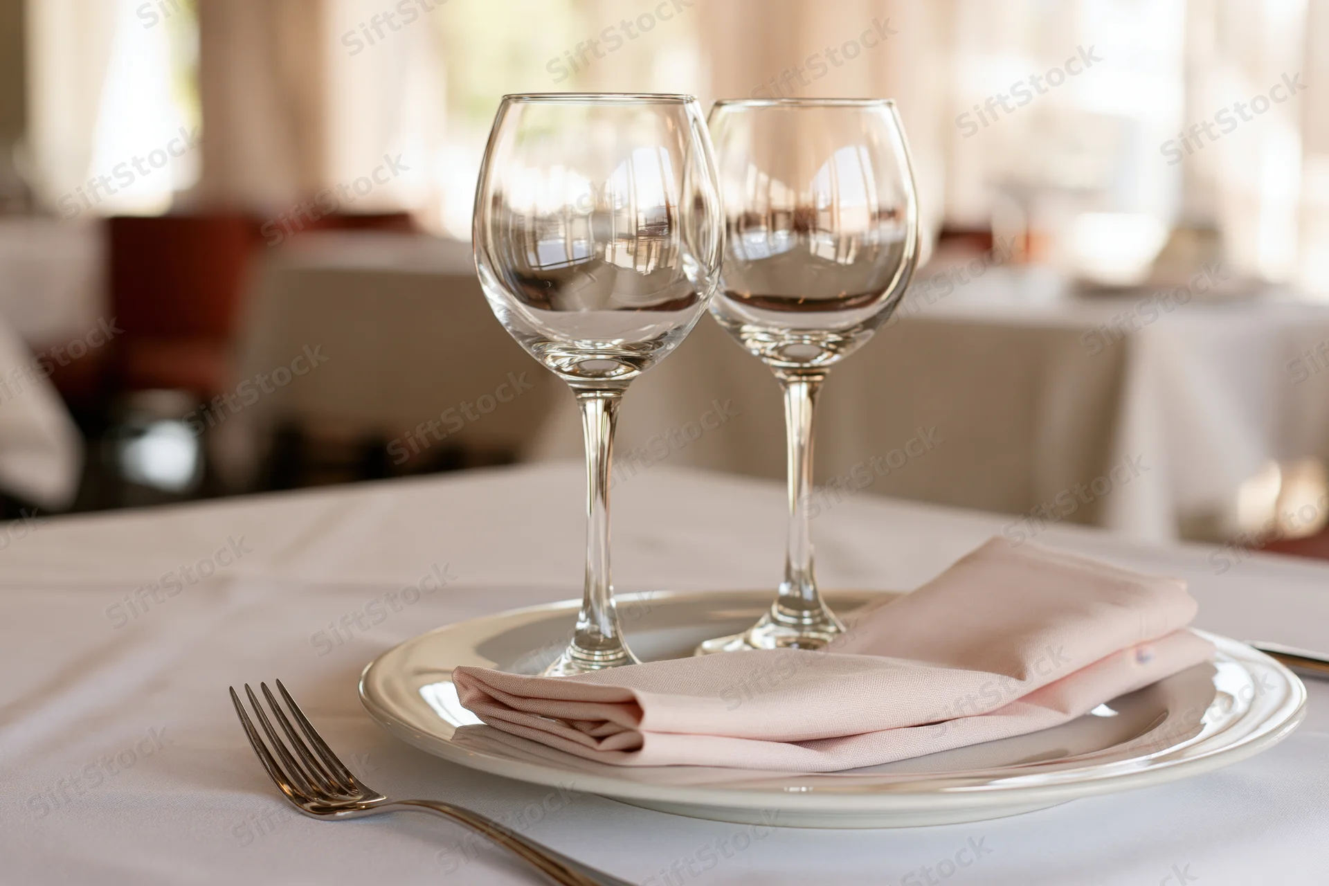 Two empty wine glasses and a folded linen napkin on a white plate at a set dining table