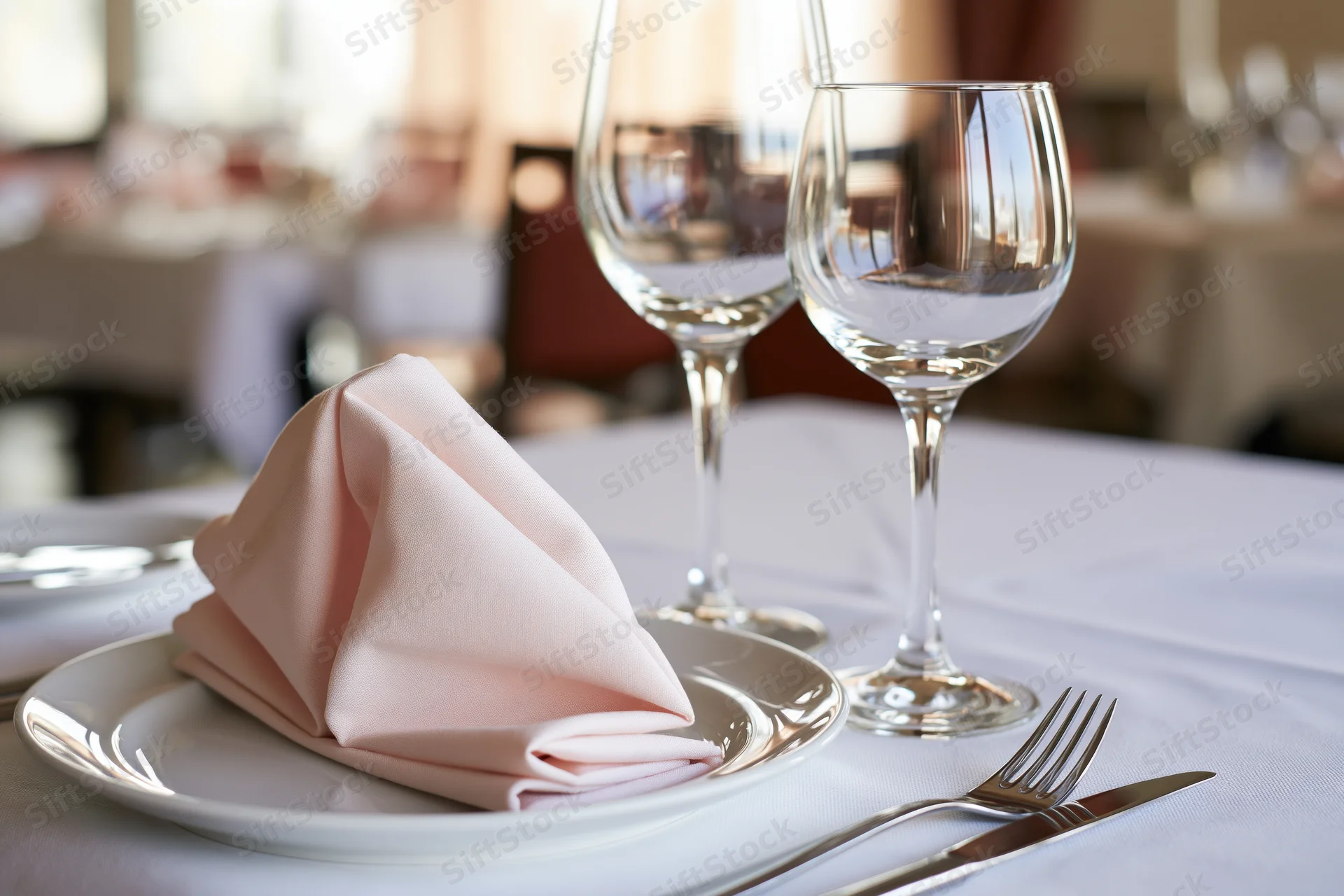 Formal dinner table setting with folded pink linen napkin on white plate and empty wine glasses, silverware arranged beside, white tablecloth covering surface