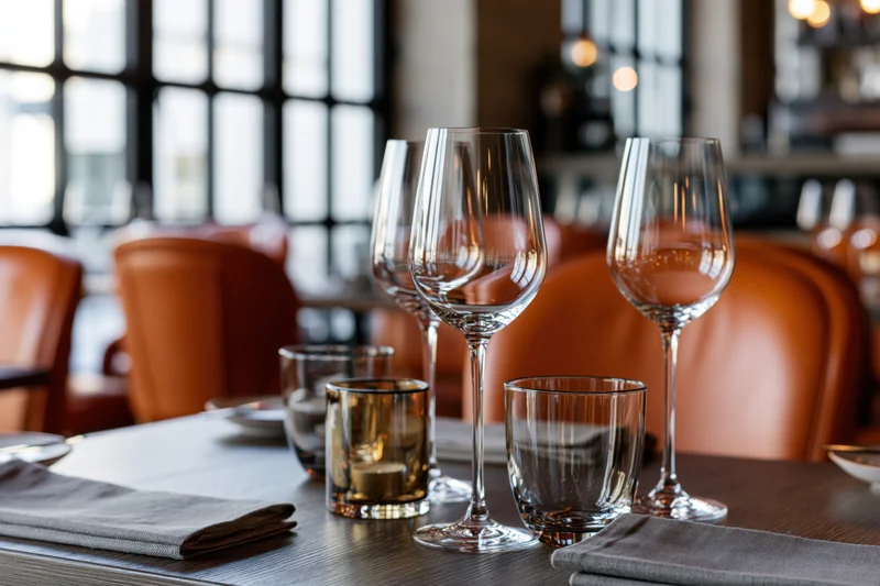Empty wine glasses and candle holder arranged on a set dining table in a restaurant interior