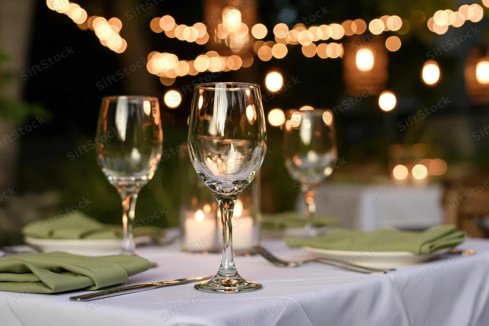 White-clothed table set with wine glasses and green napkins under string lights at night