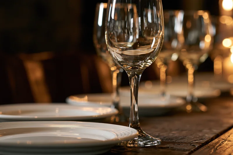 Empty wine glasses and white plates arranged along a wooden table in a dimly lit dining setting