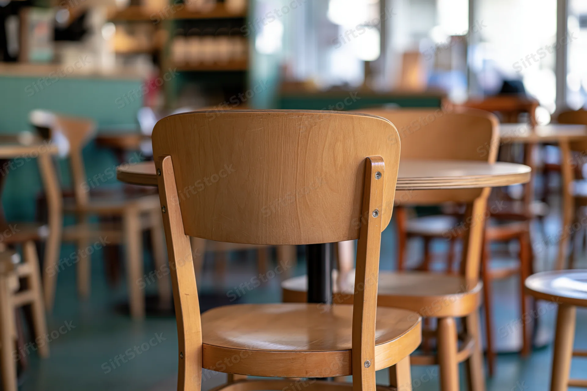 Wooden chair in foreground of quiet cafe interior with tables and shelving in background