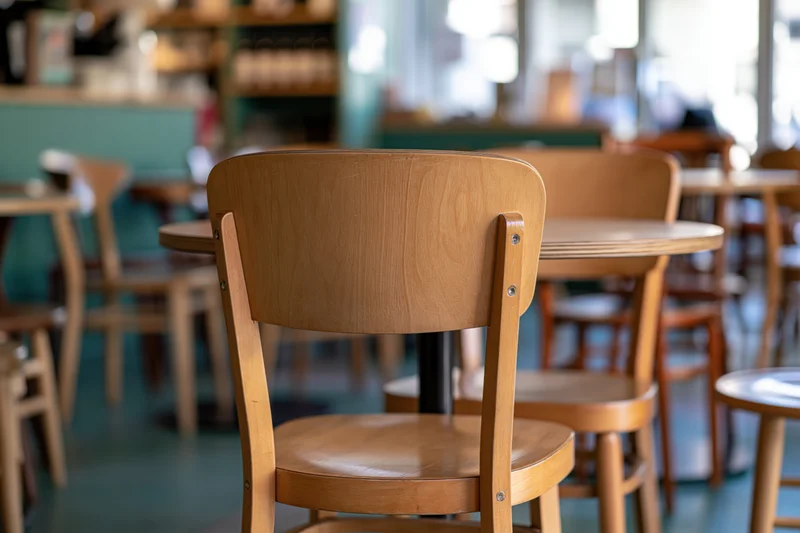 Wooden chair in foreground of quiet cafe interior with tables and shelving in background