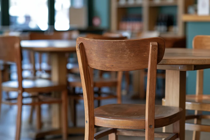 Wooden chair in foreground of quiet cafe interior with tables and ambient lighting