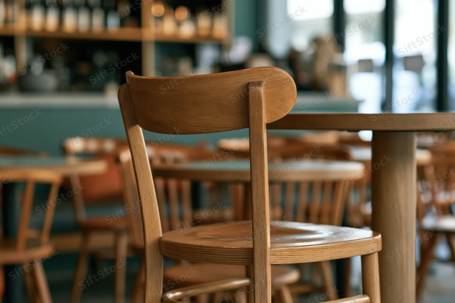 Wooden chair in foreground of quiet cafe interior with tables and shelves in background