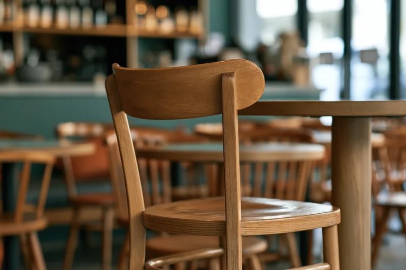 Wooden chair in foreground of quiet cafe interior with tables and shelves in background