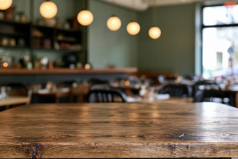Wooden table surface in sharp focus in a restaurant interior with pendant lights and dining chairs in background