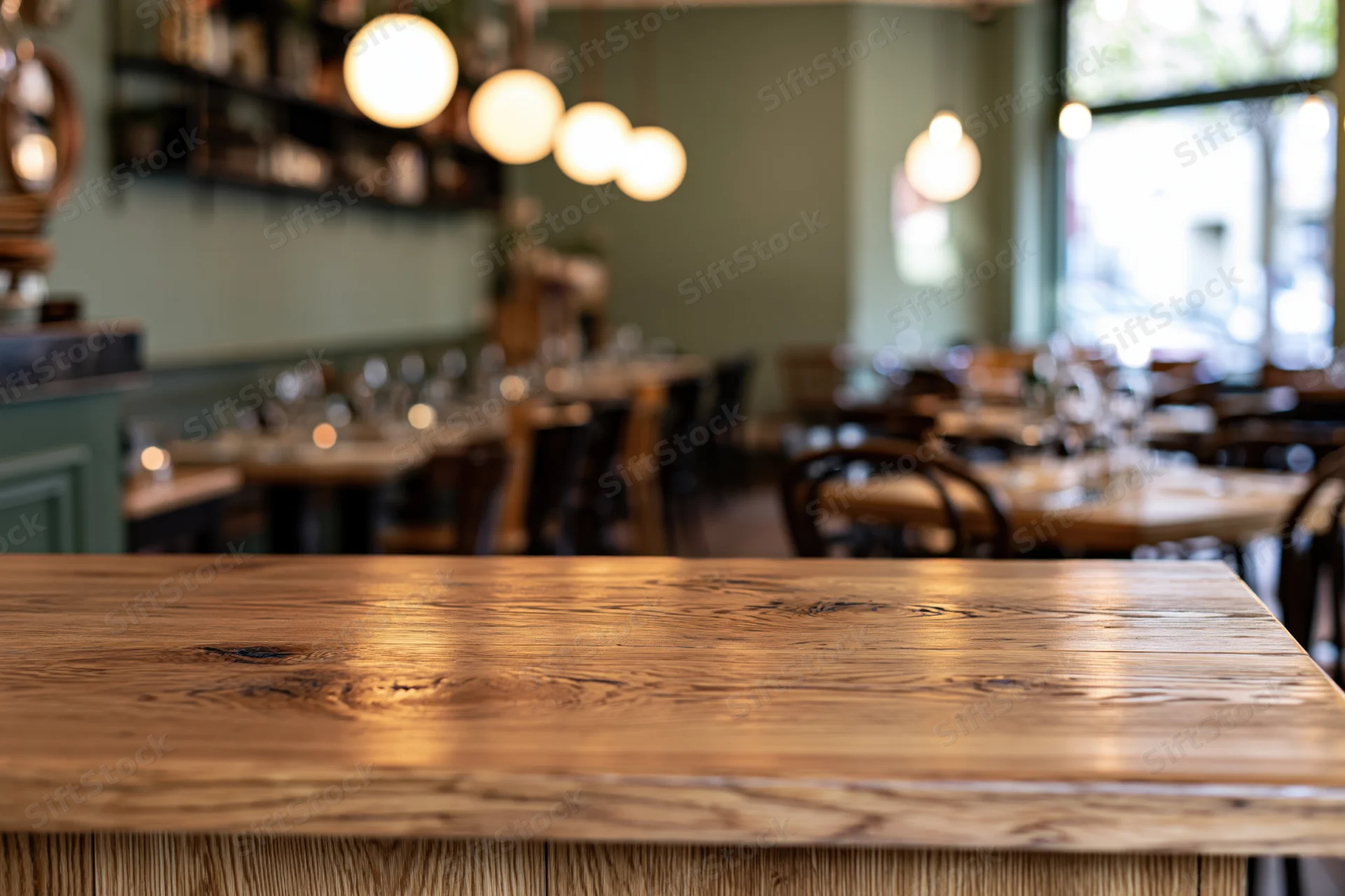 Wooden table surface in sharp focus foreground with blurred restaurant interior behind