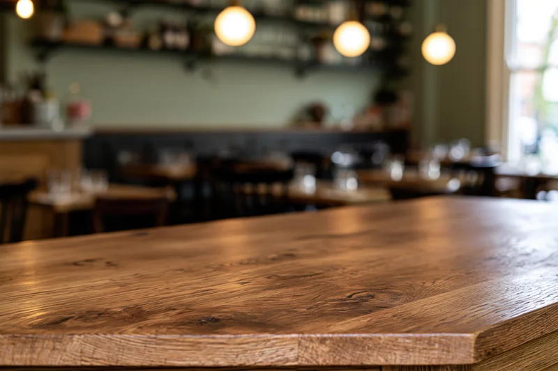 Wooden table surface in focus at restaurant counter with blurred dining area behind