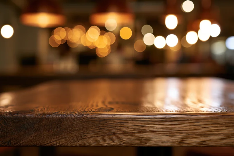 Wooden table surface in sharp focus with blurred warm lights in background