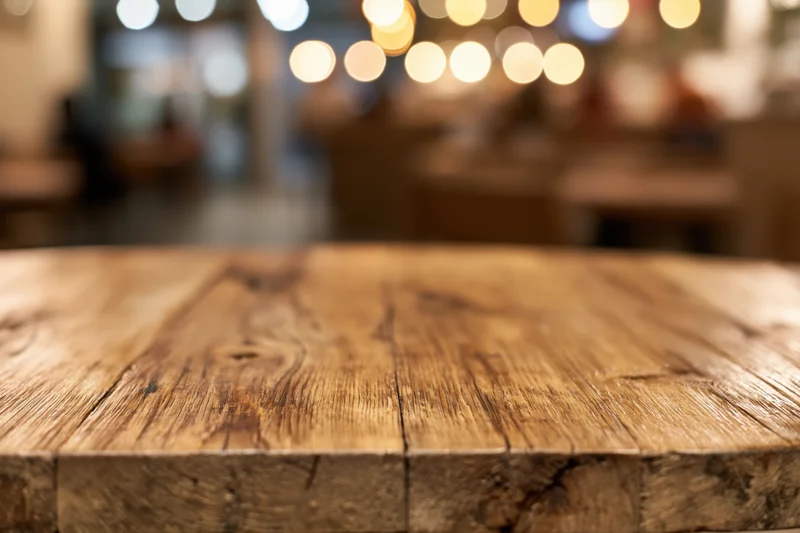 Wooden table surface in a cozy cafe interior with blurred background lights