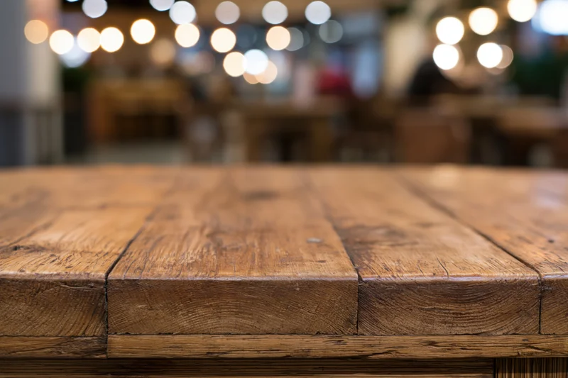 Wooden tabletop in a restaurant interior with warm ambient lighting and blurred background